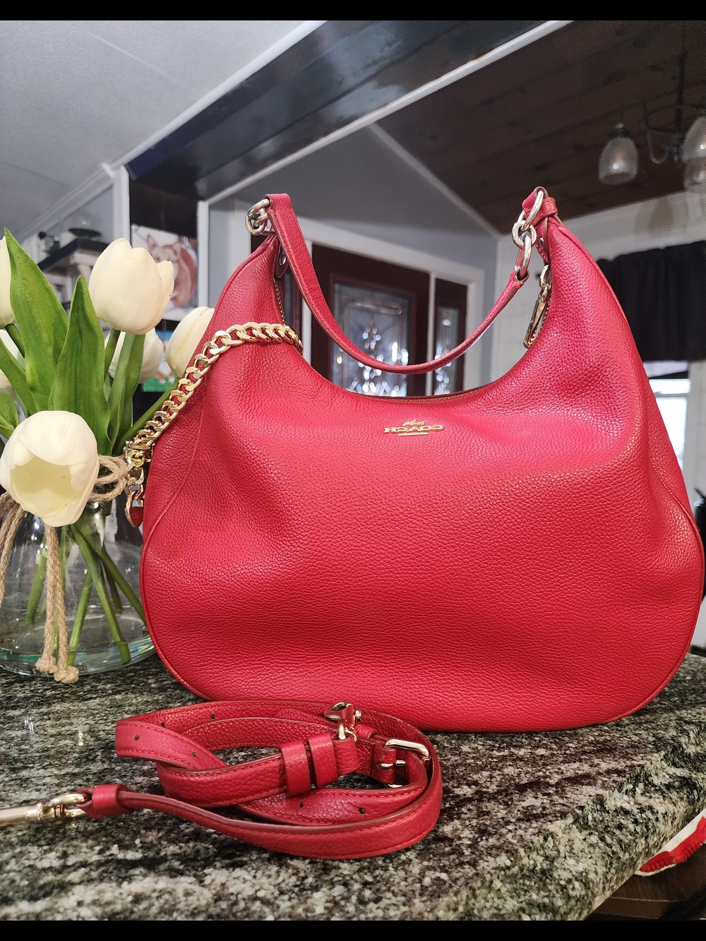 Coach Harley Hobo Pebbled Leather Shoulder Bag in Red-14×10×4.5